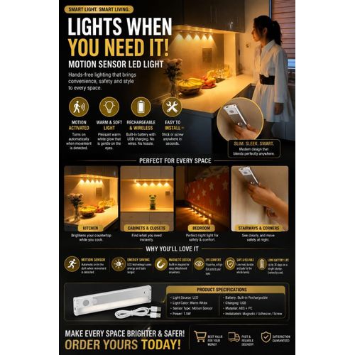 Motion Sensor LED Light – Wireless Under Cabinet Night Light, Magnetic USB Closet Light, Warm White