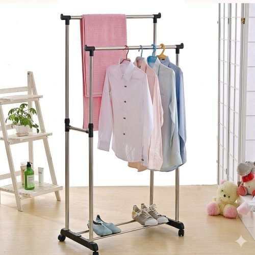 Double Pole Portable Adjustable Stainless Steel Clothes Rack