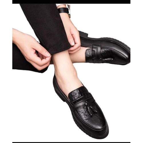 Men’s Classic Black Tassel Loafers – Crocodile-Pattern Slip-On Formal Shoes
