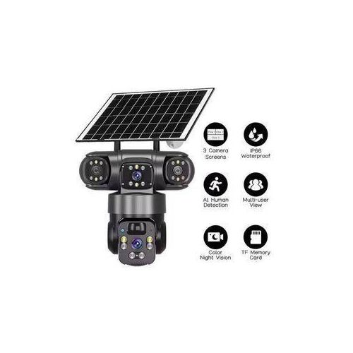 Triple Lens Solar CCTV Camera 3 Screens 360° PTZ AI Human Detection 4G SIM Solar Panel Color Night Vision