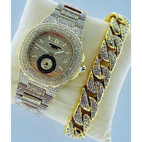 Stone Iced Men's Wristwatch With Hand Chain-Cuban-Gold