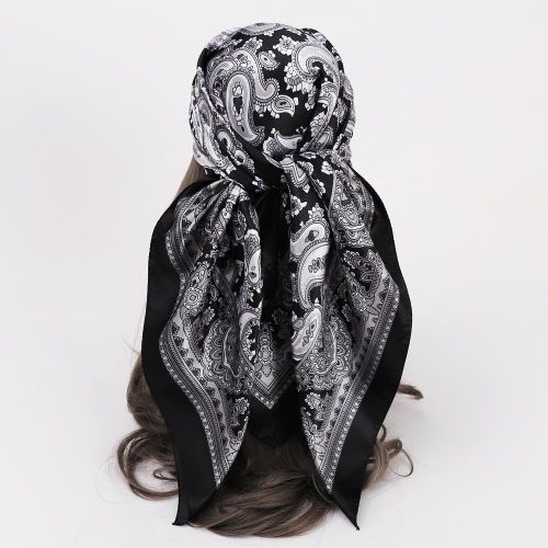 Square Classic Cashew Pattern Silk Scarf/Shawl female Trendy Headscarf - Mix Black