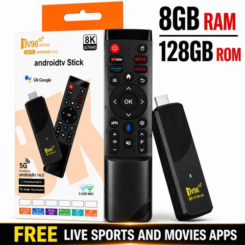 Original TV98 Android Tv Stick Box 8GB RAM 128GB ROM with pre installed live sports and movies apps Support HD 8K Video BT5.0 5G Dual WiFi6 Voice Remote H313 with original working Netflix YouTube Prime Video Apps. Works like Xiaomi MI and FireTV