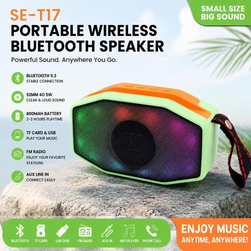 SE-T17 Portable Bluetooth 5.3 Speaker 5W 800mAh FM TF USB AUX Hands-Free for Outdoor Travel -Green