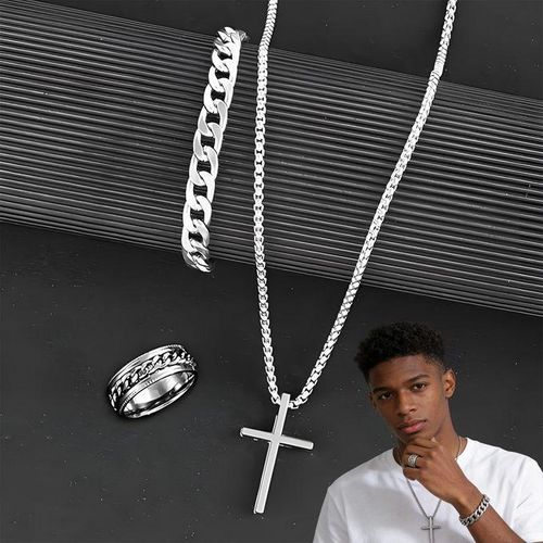 3Pcs Cross Men's Necklace Bracelet And Ring Set Accessories Gift