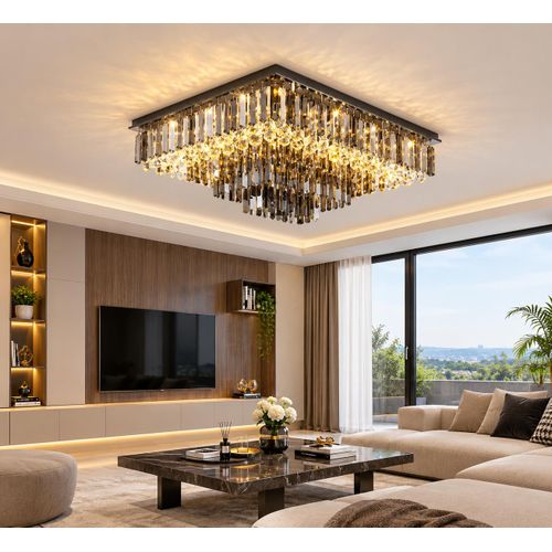 Modern Luxury Rectangular Crystal LED Ceiling Chandelier with Black Frame and Gold-Tone Crystal Accents – Elegant Flush Mount Ceiling Light for Living Room, Bedroom, Dining Room and Hotel