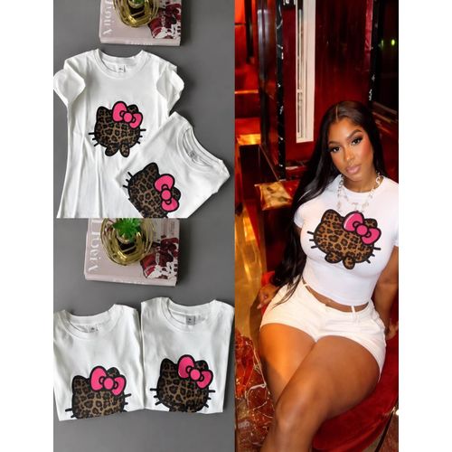 Women’s White Leopard Cat Graphic Short Sleeve T-Shirt