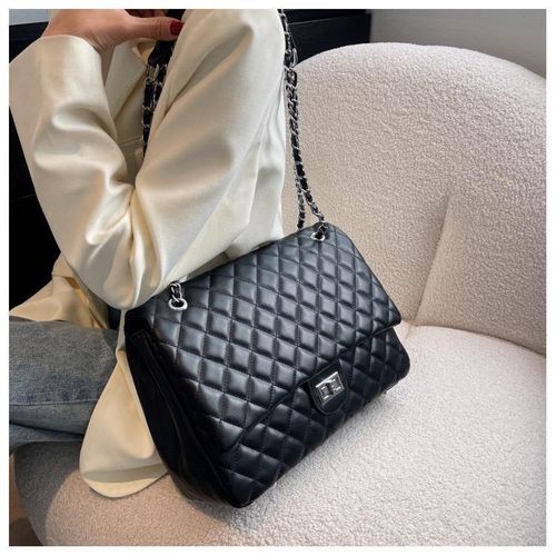 A Fashionable Large Tote for Women Featuring a Diamond-Pattern Design And a Turn-Lock Closure. - black