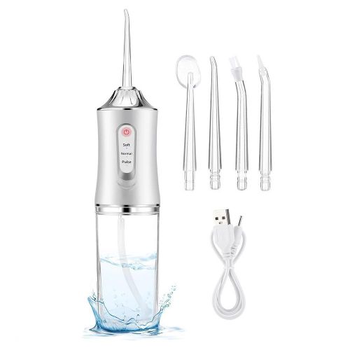 Water Dental Flosser for Teeth Cordless Oral Irrigator Cleaner with 3 Modes 4 Jets Rechargeable IPX7 Waterproof White