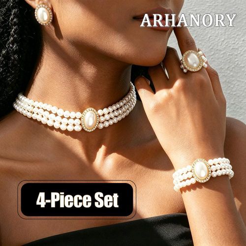 4pcs/set Women's Faux Pearl Jewelry Set Ladies Necklace Bracelet Vintage- White