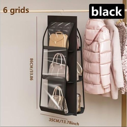1Pc 6-Grid Dual-Sided Hanging Handbag Organizer - Foldable Dustproof Fabric Storage Bag Holder with Transparent Pockets for Handbags, Wallets & Accessories - Black