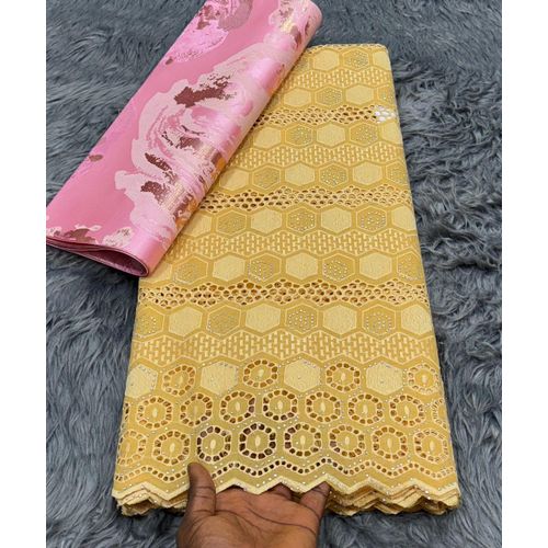 Dry Paper Voile Lace Fabric curry gold Openwork Pattern with stone –long length 60. 5yards. No headtie