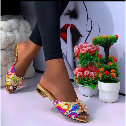 Golden Low Heel Ladies Slippers