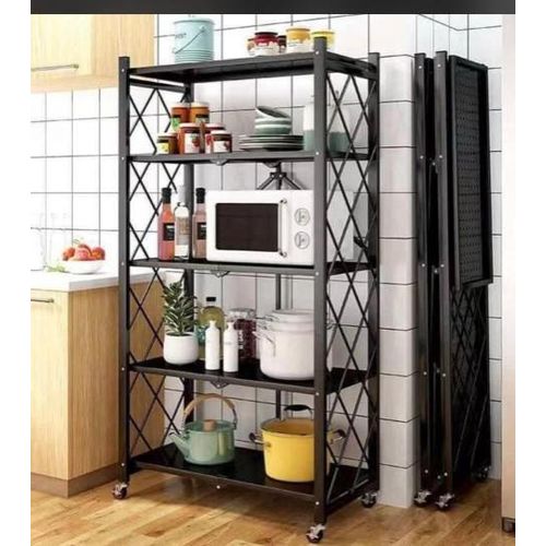 5-Tier Foldable Kitchen Storage Rack with Wheels – Heavy-Duty Multipurpose Organizer