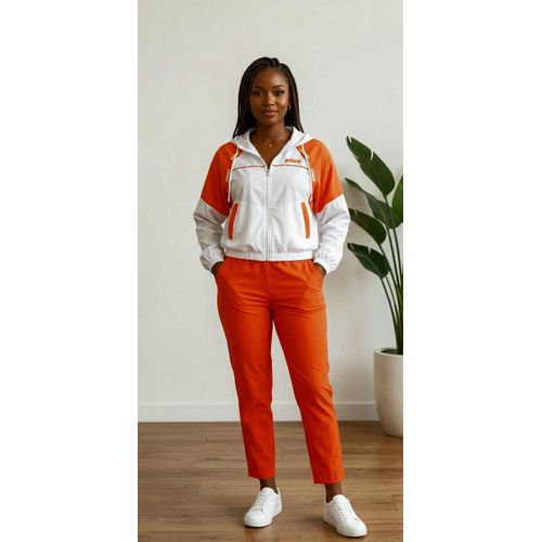 Women’s Sporty Colour-Block Windbreaker & Tapered Pant Set Orange & White Athleisure Coord