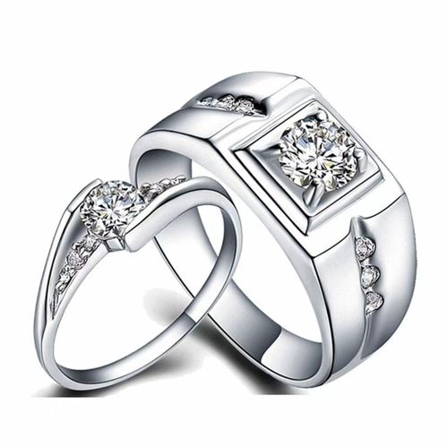 2pcs Stainless Steel Couple Rings Set Silver AdjustableDiamondstudded For Men Women Wedding Gift