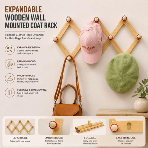 Expandable Wooden Wall Mounted Coat Rack with 10 Hooks, Foldable Accordion Hanger for Clothes, Hats, Bags, Towels & Keys