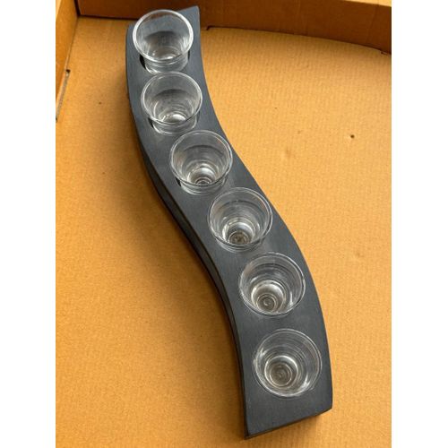 Tequila Cups & Rack with 6 glass cups and a Black Rack.