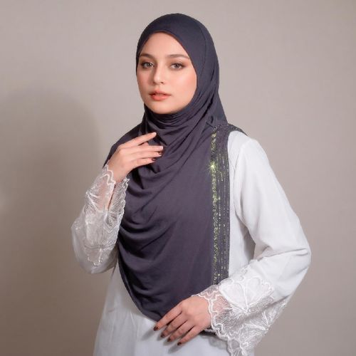 1pc M'Ezorivana blue-gray Muslim women's headscarf, an integrated hat and scarf design hijab, luxurious and sparkling with gemstone inlay, made of comfortable polyester fabric