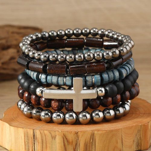 6 Piece Men's Bracelet Wooden Bead Cross Stackable Elastic Design for Daily Wear Gift - Multicolor