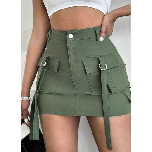 Green Cargo Buckle Skirt With Free Hair Scrunchies