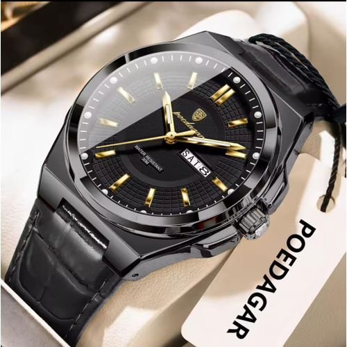 Luxury Black Leather Date and Date Business Men's Wristwatch
