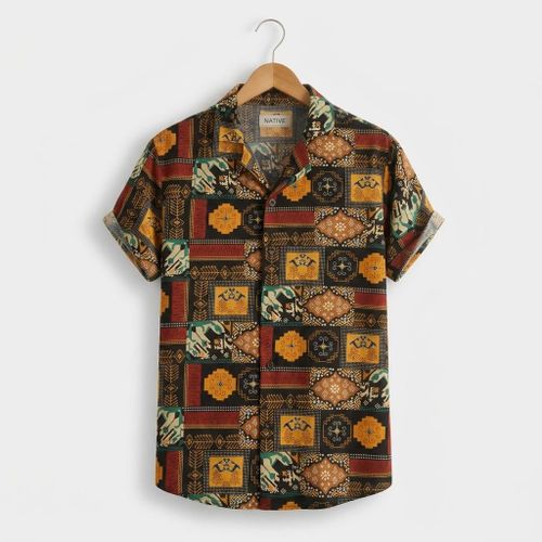Men's Vintage African Print Short Sleeve Shirt - Multicolor Casual Button-Up
