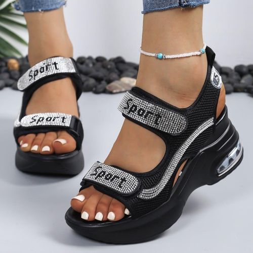 Women’s Black Platform Sandals – Rhinestone Embellished Adjustable Strap Wedge Sandals ( 38-44)
