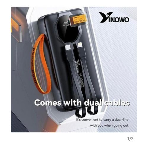 XINOWO 60, 000mah Fast Charger Bank With Built- in Dual Cables & LED Digital Display-Black