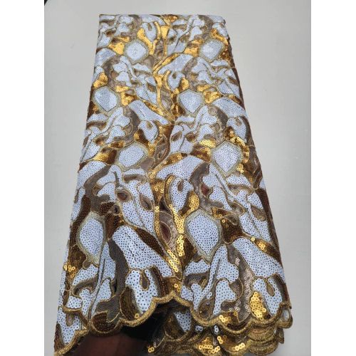 Embroidered Sequin Cord Lace Fabric – White and Gold with Bronze Abstract Design for Asoebi