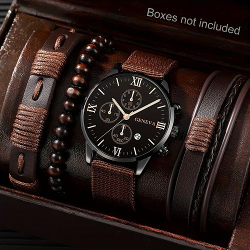 Men's Watch Casual Industrial Style Round Dial Calendar Pointer Quartz Watch And Bracelets Watch for Men Christmas, New Year's D