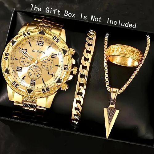 4pcs Luxury Quartz Round Dial Men Watches Set Calendar Pointer