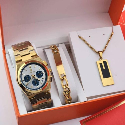 Original Quality & Very Luxury Non Fading Men's Gold Wristwatch/Necklace/Hand Chain Set