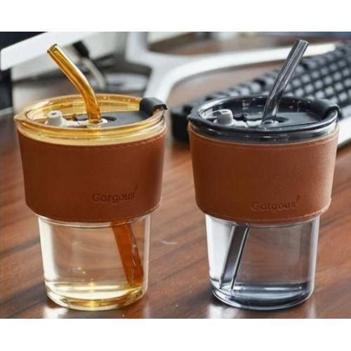 Slub Glass Cup An Insulated Tumbler with a Closable Lid, Straw and a Protective Anti-Skid Leather Sleeve for Hot and Cold Drinks Smoothies, Fruit Juice and Tea