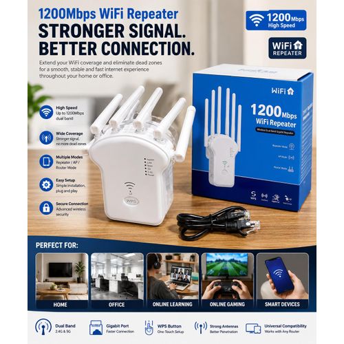 1200Mbps 5G Dual Band WiFi Repeater with 4 External Antennas, Wireless Network Range Extender, 2.4GHz & 5GHz, WPS Setup, RJ45 LAN Port, Repeater/AP Mode, White
