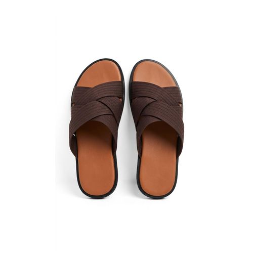 Men’s Cross-Strap Woven Fabric Slide Sandals – Dark Brown