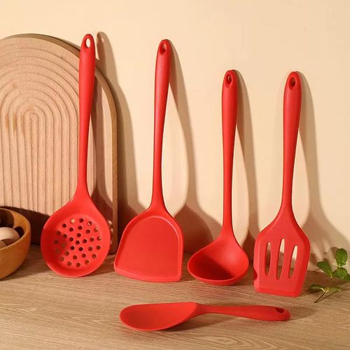 5-Piece Red, Plus Long Cookware Silicone Non-stick Cooking Utensile Set Kitchen Accessories, Household Minimalist Kitchen Utensils