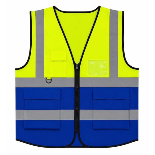 High Visibility Reflective Safety Vest - lemon & blue Work Vest with Pockets & Zipper