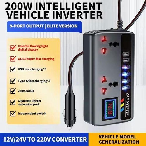 200W Car/Truck inverter PD + QC3.0, dual type C + 4 USB ports, mobile phone charger, ignition power adapter, 9-in-1( DC 12V/24V to AC 220V)