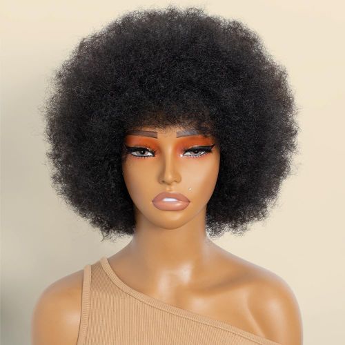 Afro Kinky Curly Wig Human Real Hair Wig for Women, Fluffy Natural Black Full Wig with Adjustable Straps and Breathable Cap