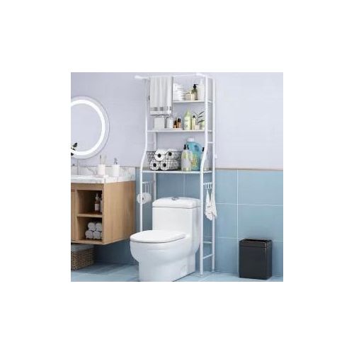 3-Tier Over-the-Toilet Freestanding Bathroom Rack with Towel Bar & Side Hooks - White Metal No Drilling