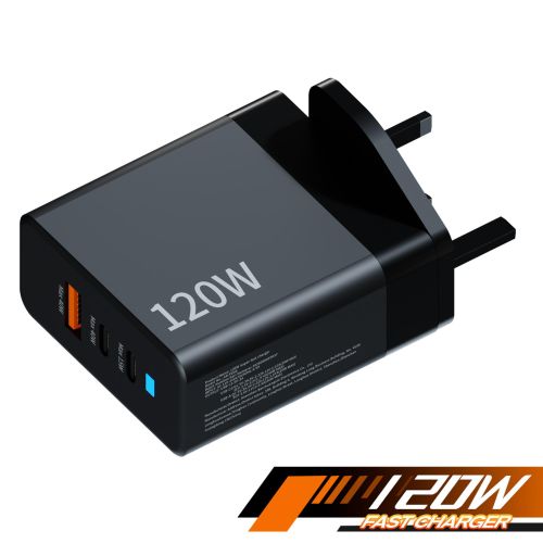 XY Brand 120W GaN Charger, 3-Port (2USB-C + 1USB-A) Fast Charger, Universal Protocol Compatible with iPhone, Huawei, Xiaomi, Redmi, Tecno, Infinix, itel & more brands Super Fast Charge, Charger for MacBook, Fixed Plug, Safe & Durable(black)