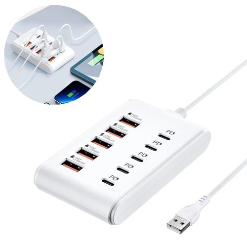 10Port USB Charging Hub, 5 USBA + 5 TypeC PD Fast Charger, MultiDevice Power Hub, Desktop Charging Station