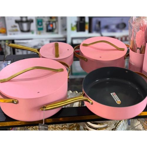UCC Life 4-Piece Ceramic Non-Stick Cookware Set with Gold Handles - Pink + Free Gift