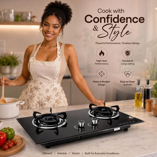 Premium Black Glass 2-Burner Gas Stove for Modern Nigerian Kitchens, Sleek, Durable, Energy-Efficient Tabletop Cooker with Safety Knobs, Auto Ignition, and Stainless Steel Burners - Best Gas Cooker for Home, Apartment, or Chef Use