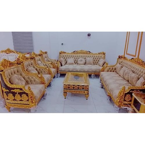 High Quality 7-Seater Royal King Sofa Set - Original Turkish Luxury Gold Sofa - 3+3+1+1 + Center Table + 2 Side Stools - Palace Living Room Set
