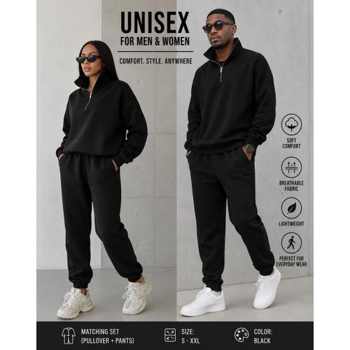 Unisex Black Half-Zip Tracksuit Set - Pullover Sweatshirt & Joggers Set For Men & Women - Casual Sweat suit