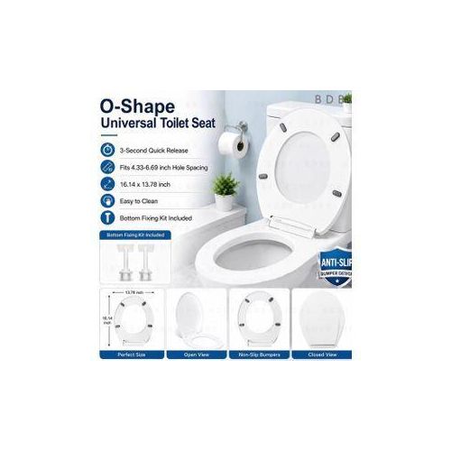 Universal O-Shape Toilet Seat Cover, Toilet lid, Standard Round Toilet Lid with Adjustable Mount Hole Spacing, Anti-Slip Bumpers Design, Bottom Fixing Hardware Included, Easy Clean White Bathroom Replacement Toilet Seat for Household & Hotel Restroom