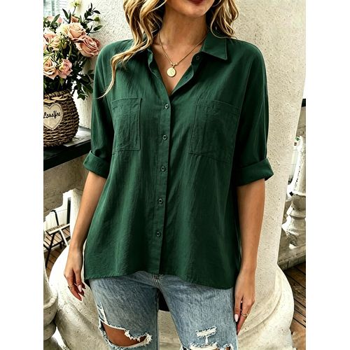 Women Solid Dark Green Turn Down Collar Shirt, 3/4 Roll Up Sleeve Double Pocket Loose Irregular Hem Linen Cotton Blouse