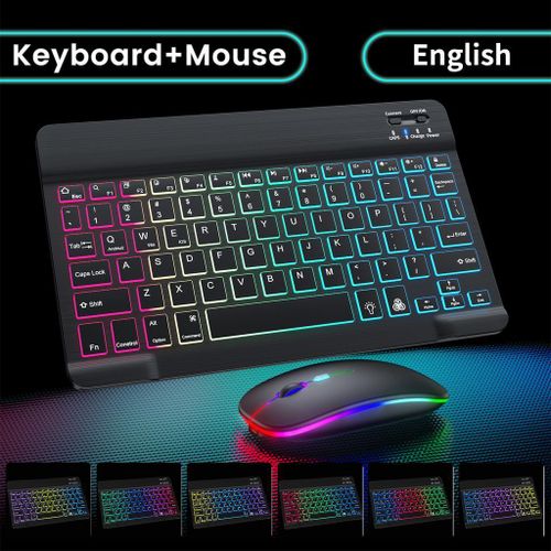 Bluetooth Wireless Keyboard and Mouse Set Mini iPad Keyboard Keycaps 7-Colour Backlight - Black